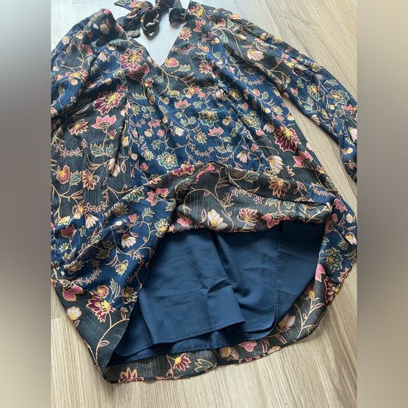 BCBGeneration Navy Blue/Black Metallic Floral Dress, Size Large, Mini Longsleeve - Picture 11 of 11